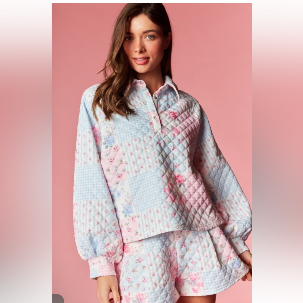 786. Patchwork quilted collared pullover with sho… - image 2